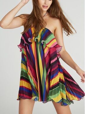 AMUR Sevyn Mini Halter Dress Vibrant Colorful Stripe Pleated Ruffle Size 4